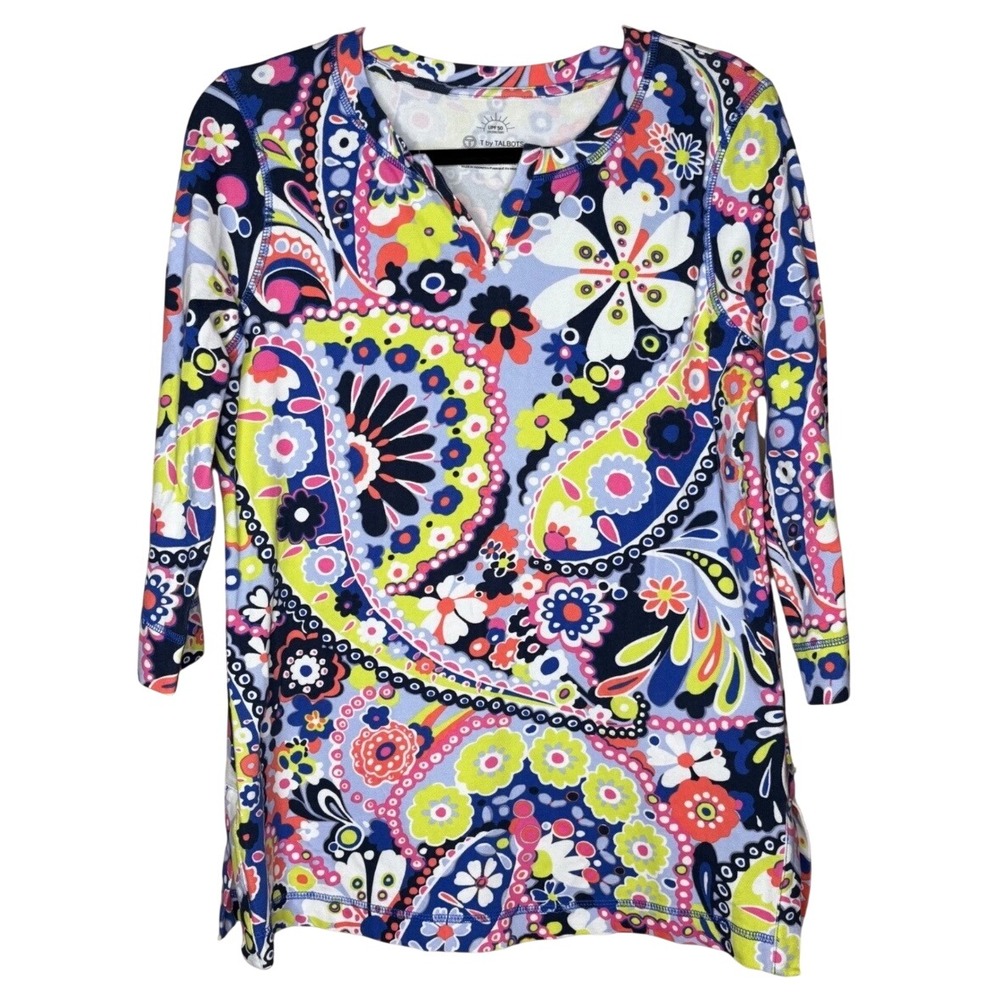 T by Talbots Womens Top Petite Medium Paisley UPF 50 Boho Bright Colorful